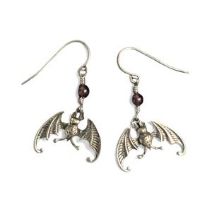 3/$20 💜 BAT Earring Silver + Garnet Goth Witchy Halloween